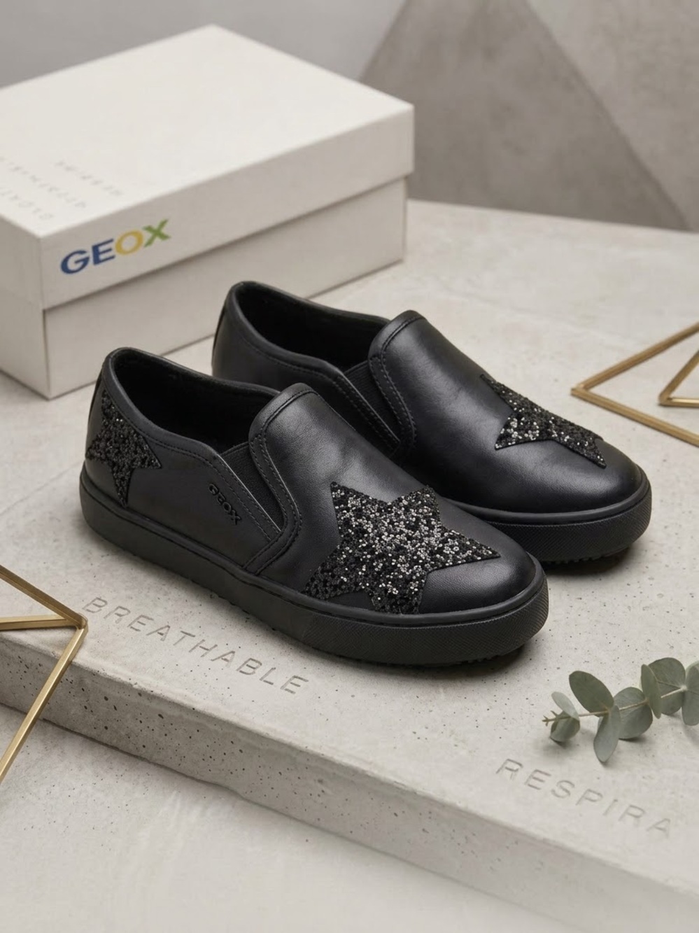 Geox Girl Slip-On Shoes in Black with Black Glitter Stars. Italian Brand